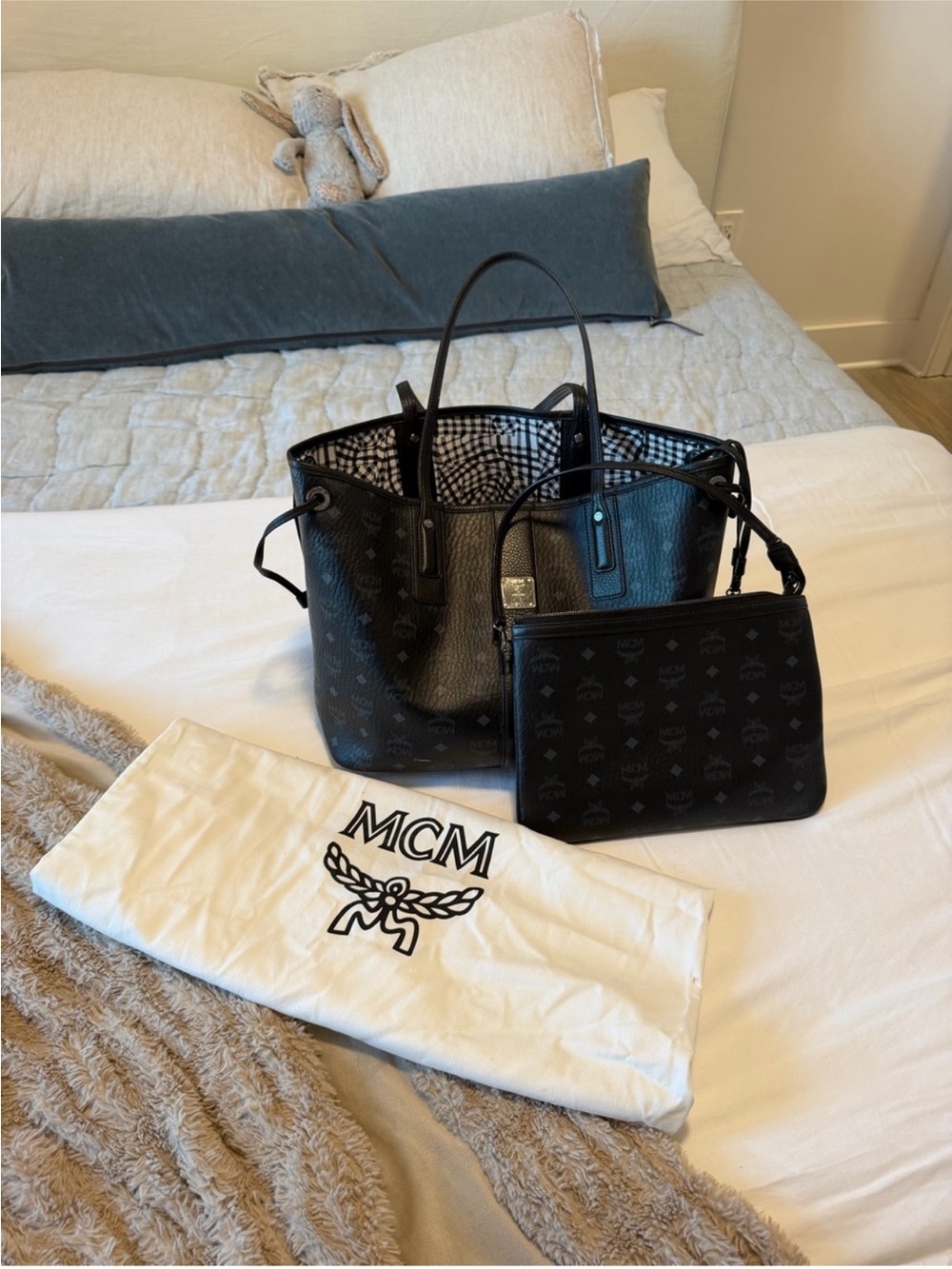 Like New! Authentic MCM Black Visetos Reversible Tote with Detachable Pouch😍